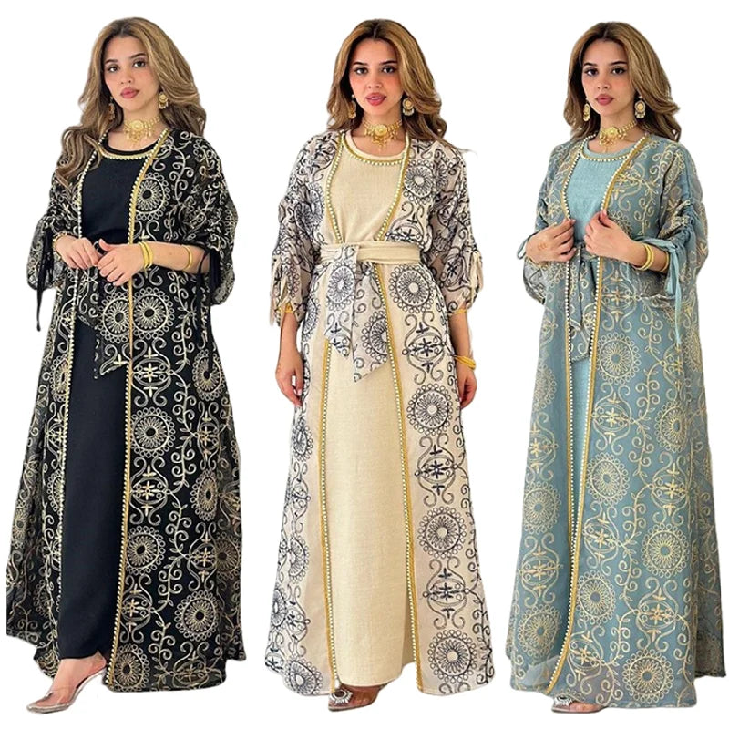 AB432 Middle Eastern Abaya Women Muslim Dress Embroidery Cardigan Abaya Robe Two Piece Set Saudi Dubai Jalabiya for Women 2024