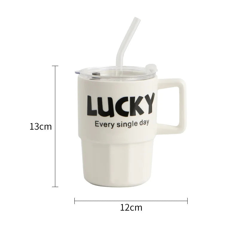 Colorful Ceramic Eco-Friendly Outdoor Mug with Lid and Straw for Tea Beer Coffee Camping Back School Gift