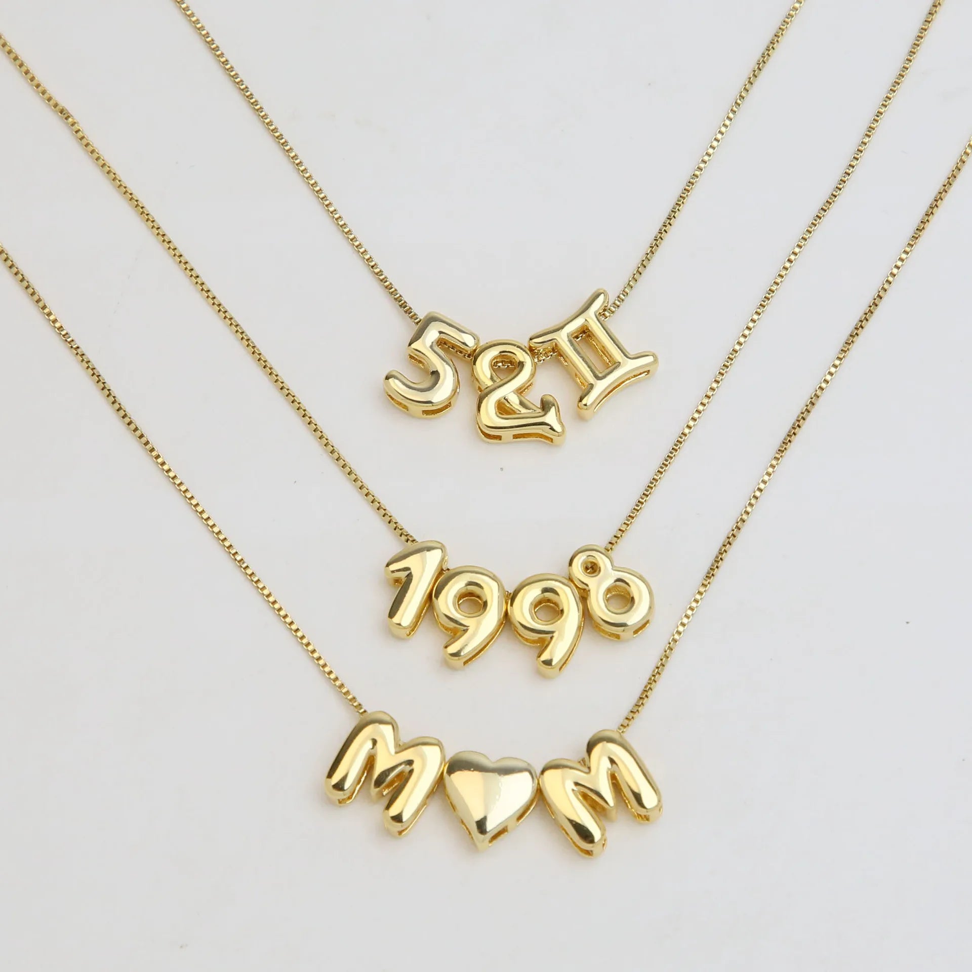 18k Gold Silver Brass Smooth Balloon Bubble Necklace DIY Name 26 Letter Number Pendant Necklace for Women