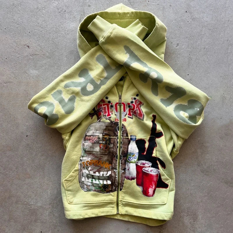 Heavy Weight French Terry Regular Fit Pullover Hoodie Silk Screen Printed Acid Washed Men Distressed Retro Boxy 100% Autumn