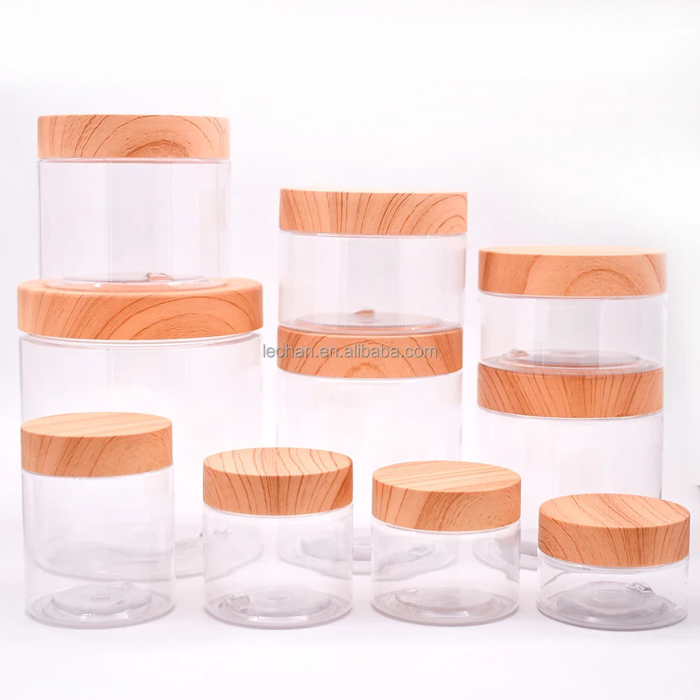 80ml 100ml 120ml Hot Sale New Design Empty Smooth Side PET Plastic Food Grade Round Plastic Pet Jars with Bamboo Grain Lid