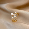 European Retro Inspired Cold Wind Adjustable Ring for Women Simple Pearl Zircon Gold Plated Brass Popular Retro Trend Gift