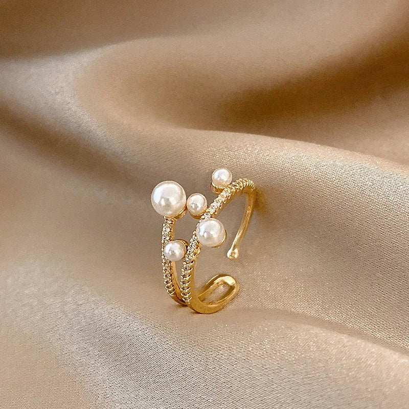 European Retro Inspired Cold Wind Adjustable Ring for Women Simple Pearl Zircon Gold Plated Brass Popular Retro Trend Gift