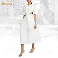 Custom Summer Women's Elegant Design Linen Casual Midi Long Dress Factory Wholesale O-Neck Hollow Lace Back Ruched Natural