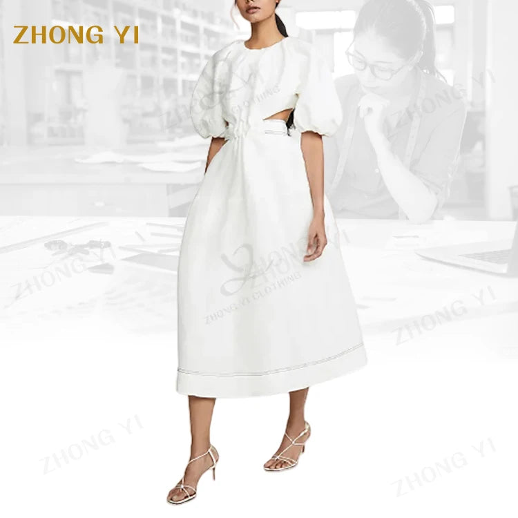 Custom Summer Women's Elegant Design Linen Casual Midi Long Dress Factory Wholesale O-Neck Hollow Lace Back Ruched Natural