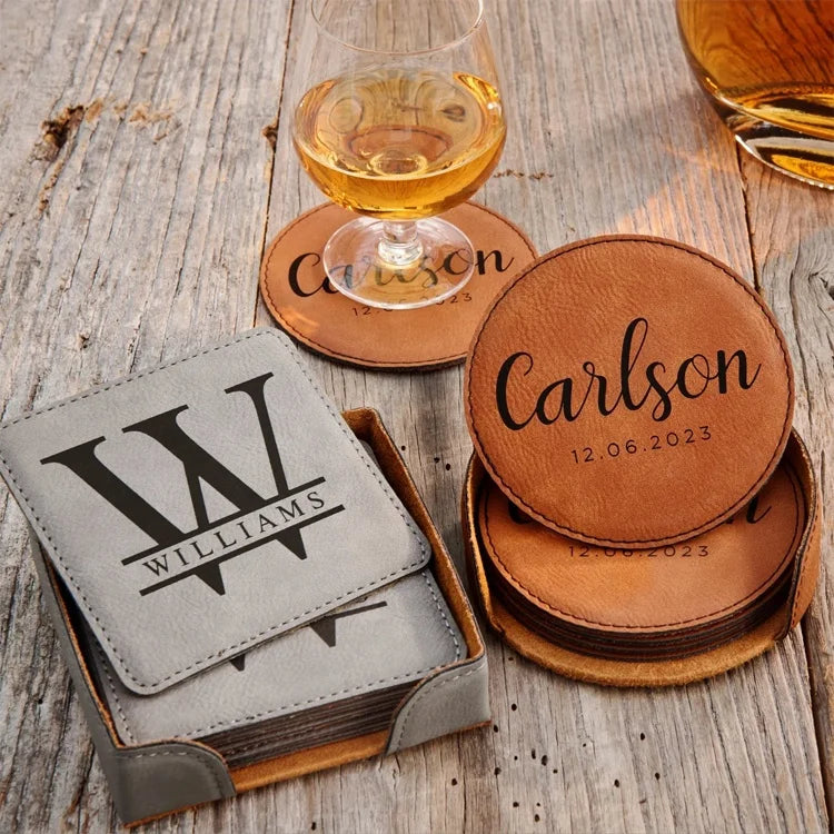 Wholesale Custom Heat Resistant 6 Pcs Laserable Leatherette Square Drink Coasters Set With Holder