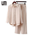 Liu Ming New Fashion Wholesale Autumn Streetwear Casual Cotton Linen Loose Shirt and Wide Leg Pants Set