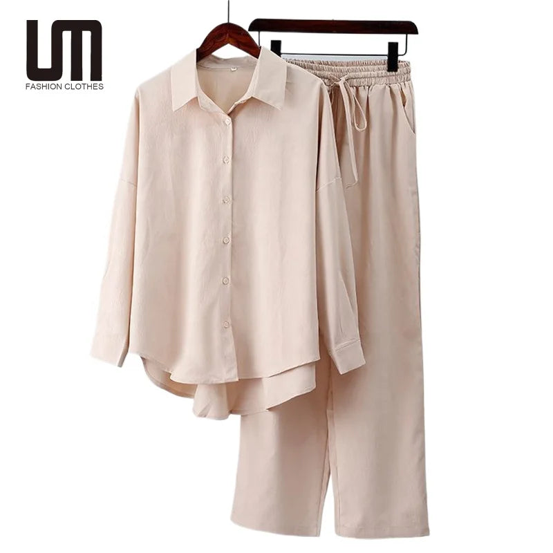 Liu Ming New Fashion Wholesale Autumn Streetwear Casual Cotton Linen Loose Shirt and Wide Leg Pants Set