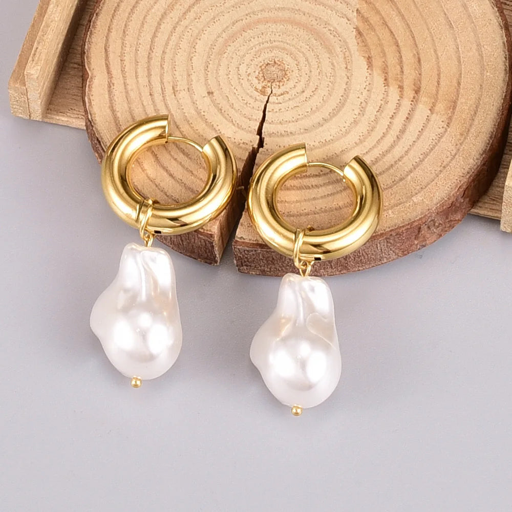 22mm Waterproof Non Tarnish PVD 18k Gold Plated Chunky Hoop Earrings 316L Titanium Steel Fresh Water Pearl Drop Earrings