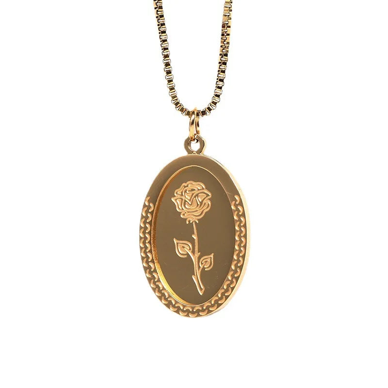 Fashion IP Plating Stainless Steel Box Chain Oval Shaped Engraved Rose Flower Pendant Necklace