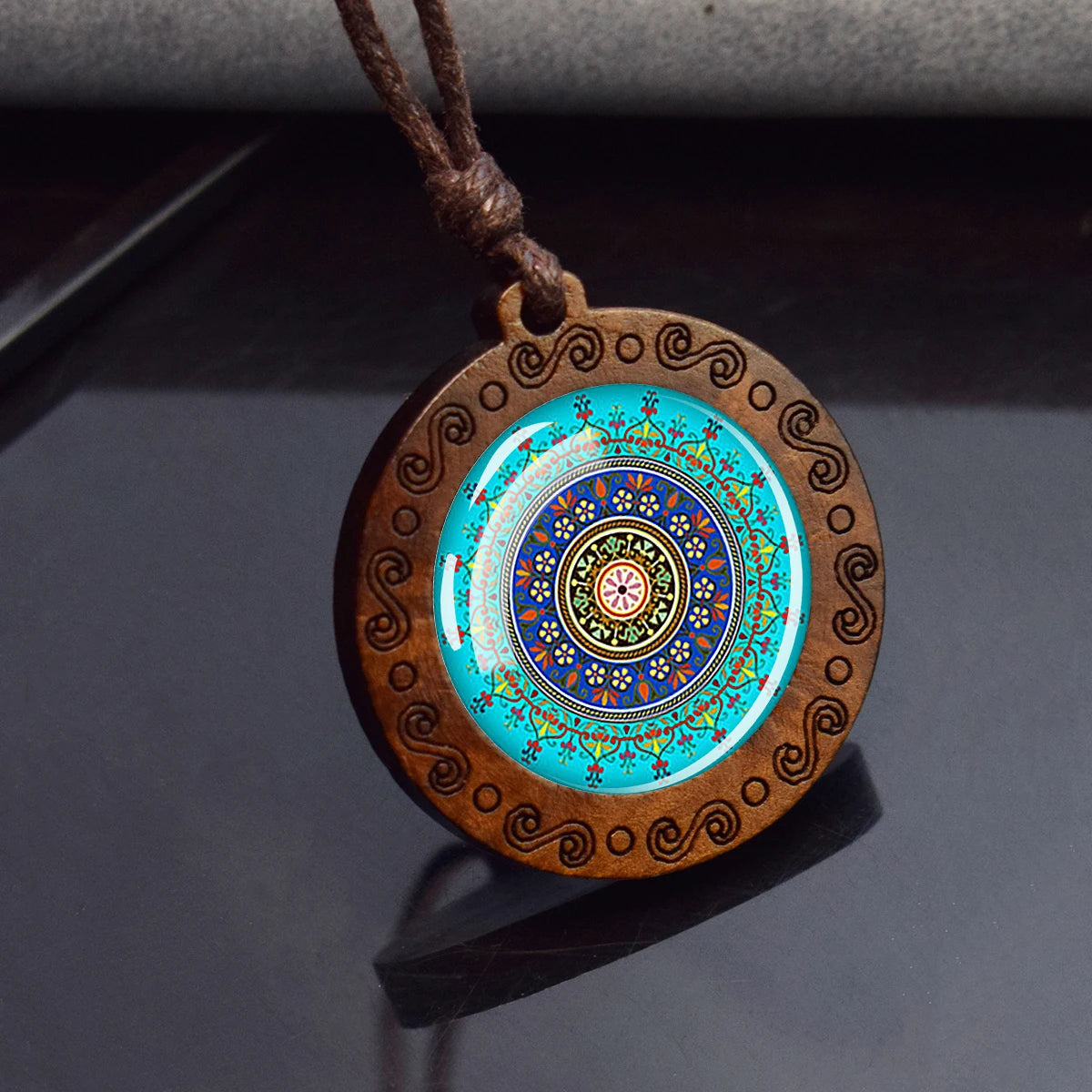 Hand Carved Wooden Mandala Flower of Life Pendant Necklace - Natural Cord Boho Style Yoga Meditation Gift
