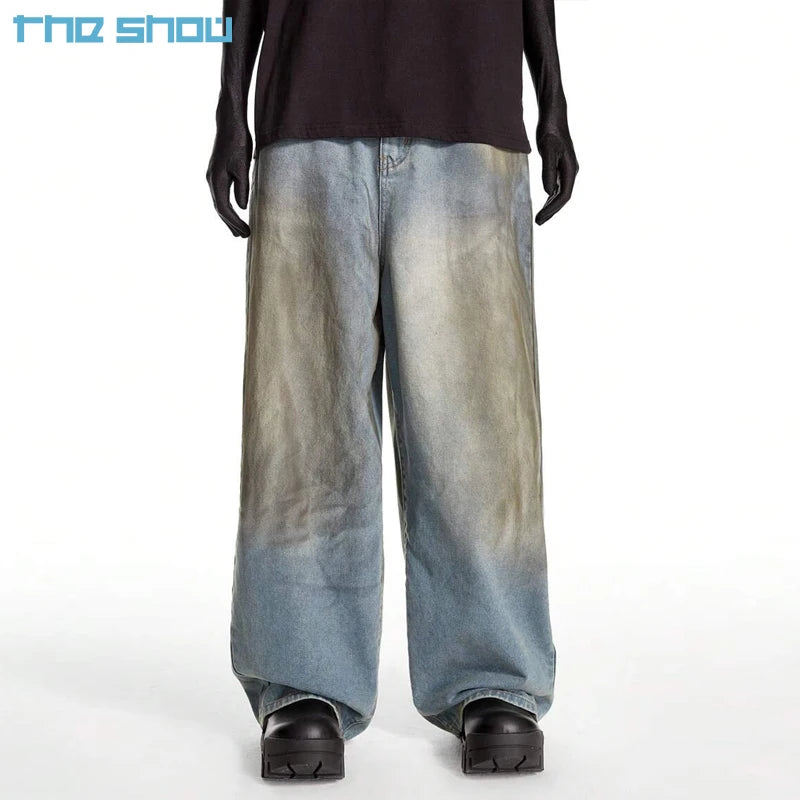 Heavyweight Custom Streetwear Hip Hop Mud Wash Men's Deep Blue Vintage Faded Wash Distressed Dirty Wash Denim Baggy Jeans Men