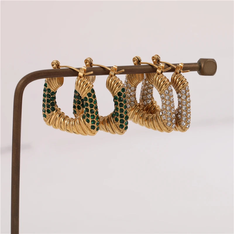 Luxury 18k PVD Gold Plated  Diamond Chunky Zircon CZ Statement  Stainless Steel  Hoop Earrings  Fashion Jewelry