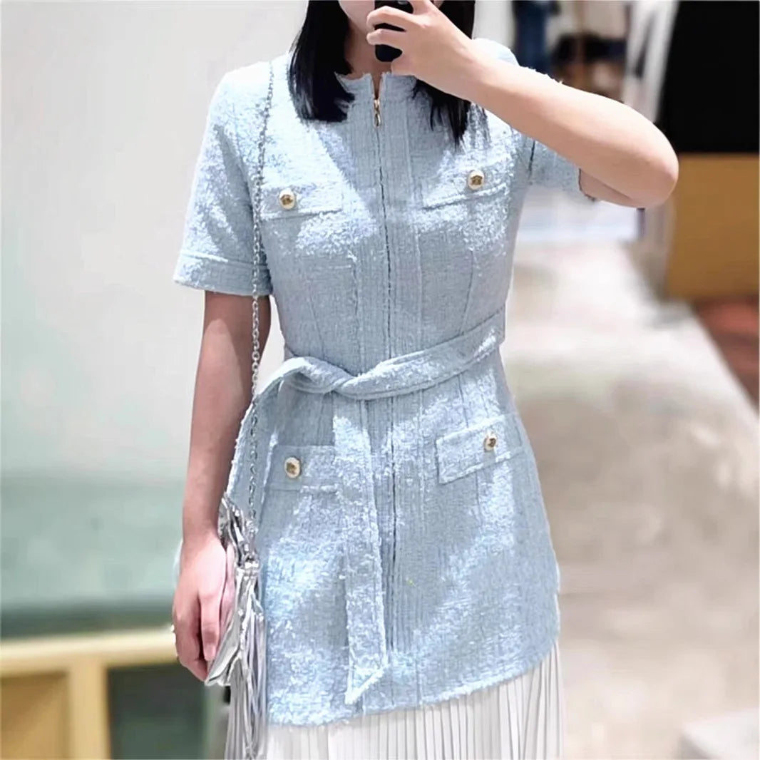 2025 New Early Spring Style - French S-style Fresh Sky-Blue Tweed Dress with Round Neck Waist-Cinched &Pleated