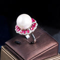 Beautiful Chic Red Cubic Zircon Stone Silver Plated Flower Round Chunky Big Adjustable Pearl Ring for Women Party Wear Jewelry