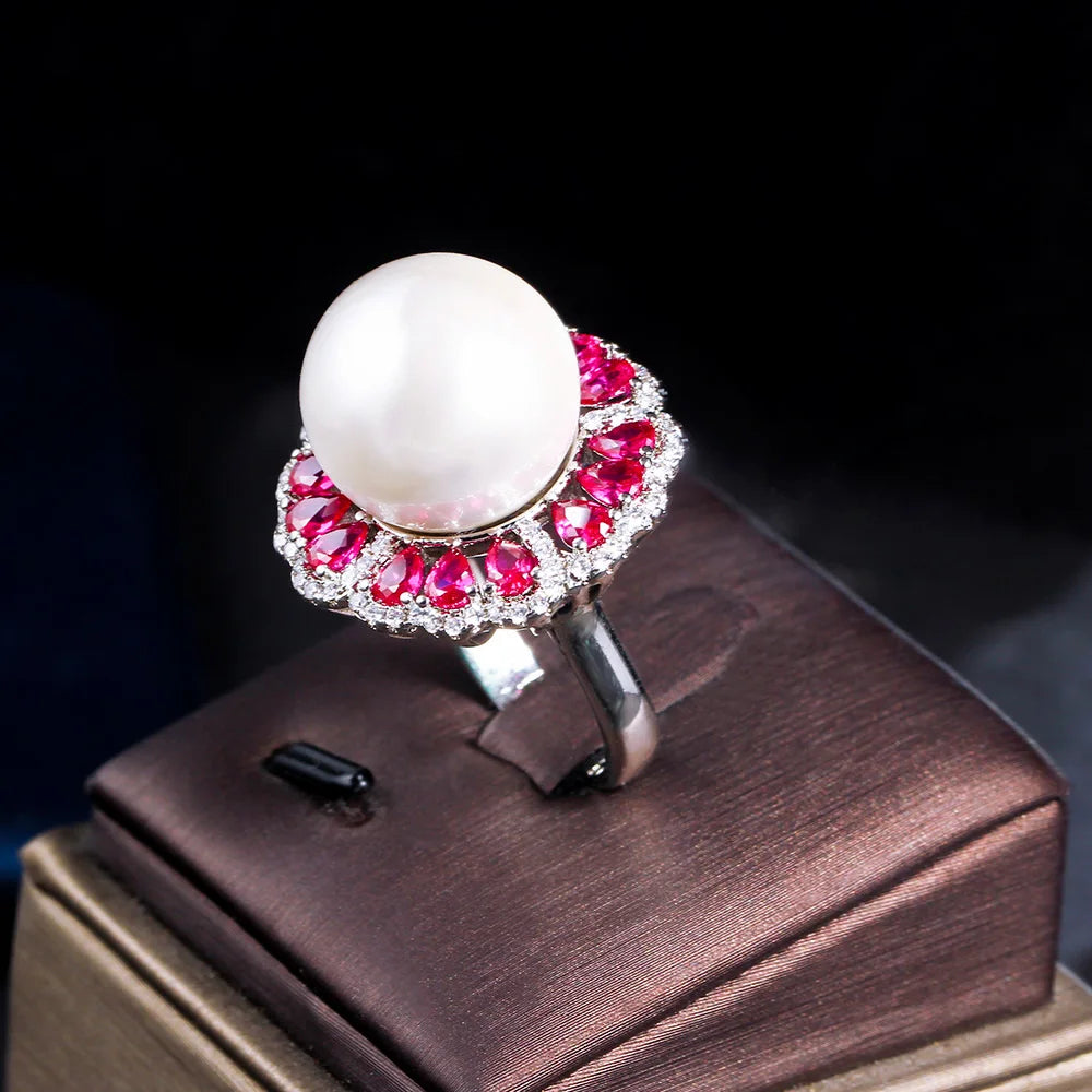 Beautiful Chic Red Cubic Zircon Stone Silver Plated Flower Round Chunky Big Adjustable Pearl Ring for Women Party Wear Jewelry