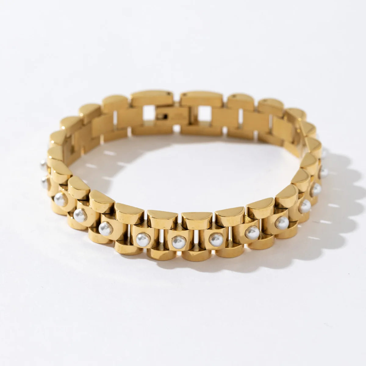 Trendy New Jewelry 18k Gold Plated Stainless Steel Strap Waterproof Wide White Cubic Zirconia Belt Bracelet