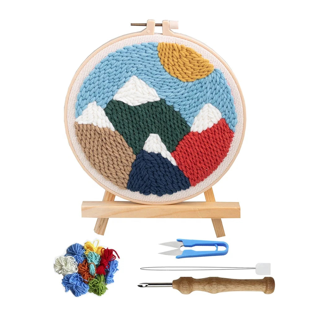 DIY Easy Starter Punch Needle Kit Landscape Cross Stitch Rug Hooking with Embroidery Hoop
