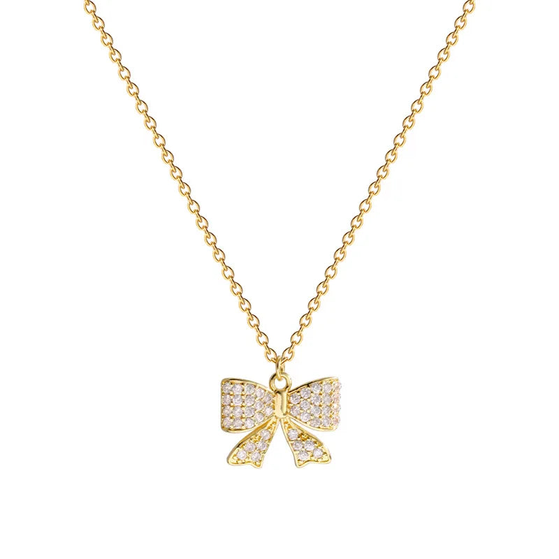 2022 Korean Micro-inlaid Zircon Bow Necklace Titanium Steel Clavicle Chain for Women Gold Plated Charm Pendant Delicate Necklace
