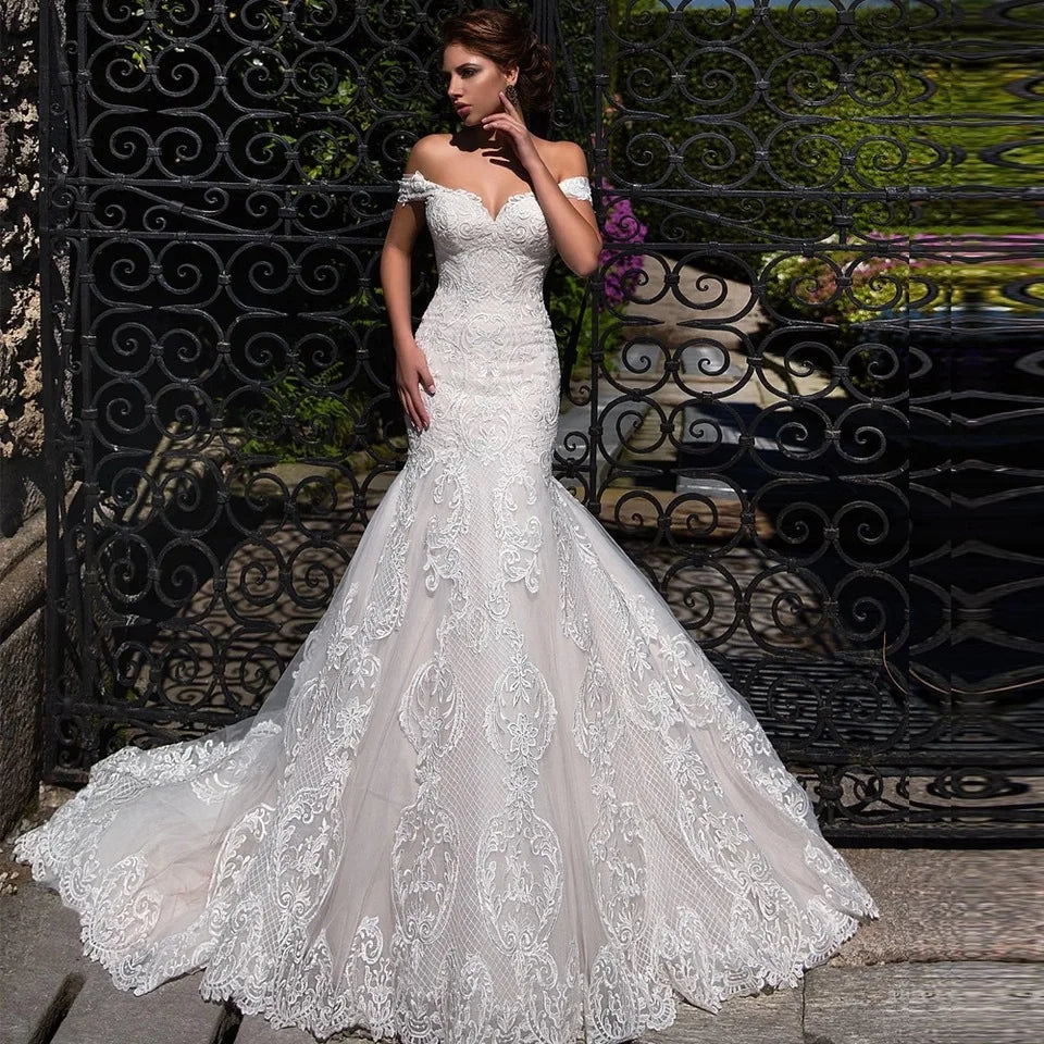 Temperament One Line Shoulder Bride Fishtail Wedding Dress Lace Slim Tail Wedding Dress Simple Lace-up Wedding Dress