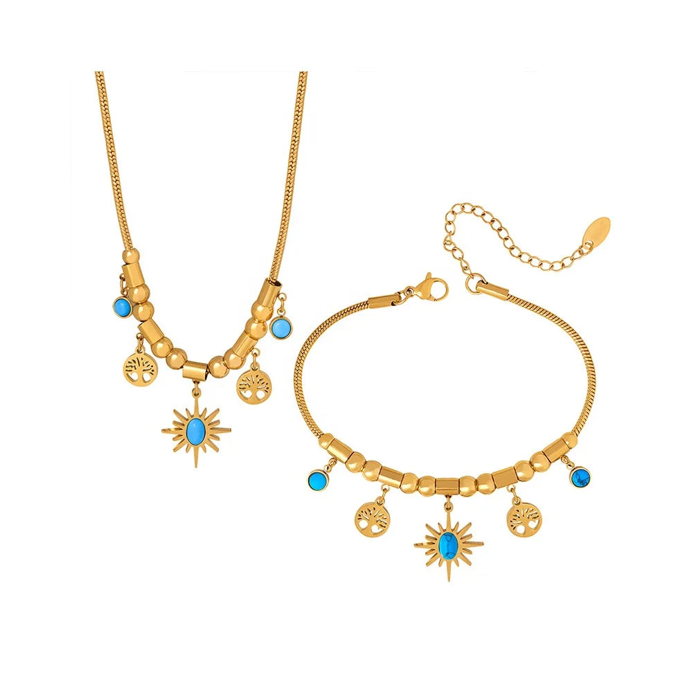 Alin Blue Nature Stones Tree and Sun Charms Pendant Stainless Steel Design Gold Bracelets Necklaces Set Jewelry for Women