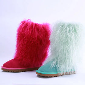 Wholesale 35cm White Real Black Mongolian Fur Upper Boots for Women with Heel and Fur Tall Fur Boots