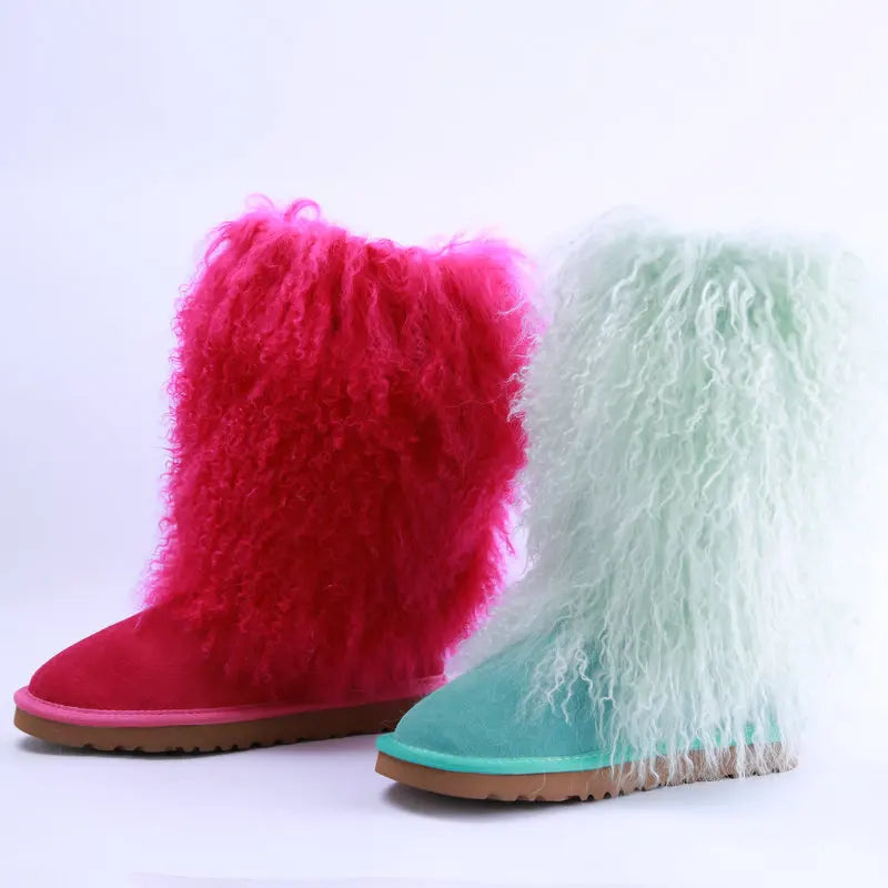 Wholesale 35cm White Real Black Mongolian Fur Upper Boots for Women with Heel and Fur Tall Fur Boots