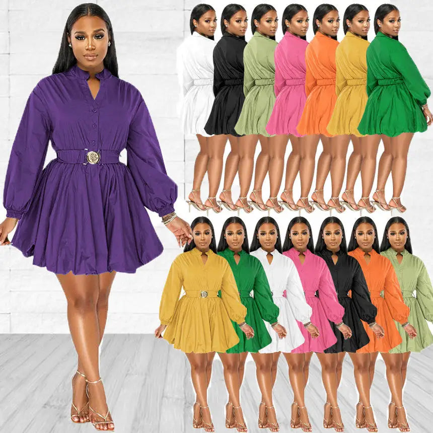 Y211235 New Arrivals Spring Dresses Women Casual Stand-up Collar Half Cardigan Long Sleeve Short Dresses for Ladies With Belt