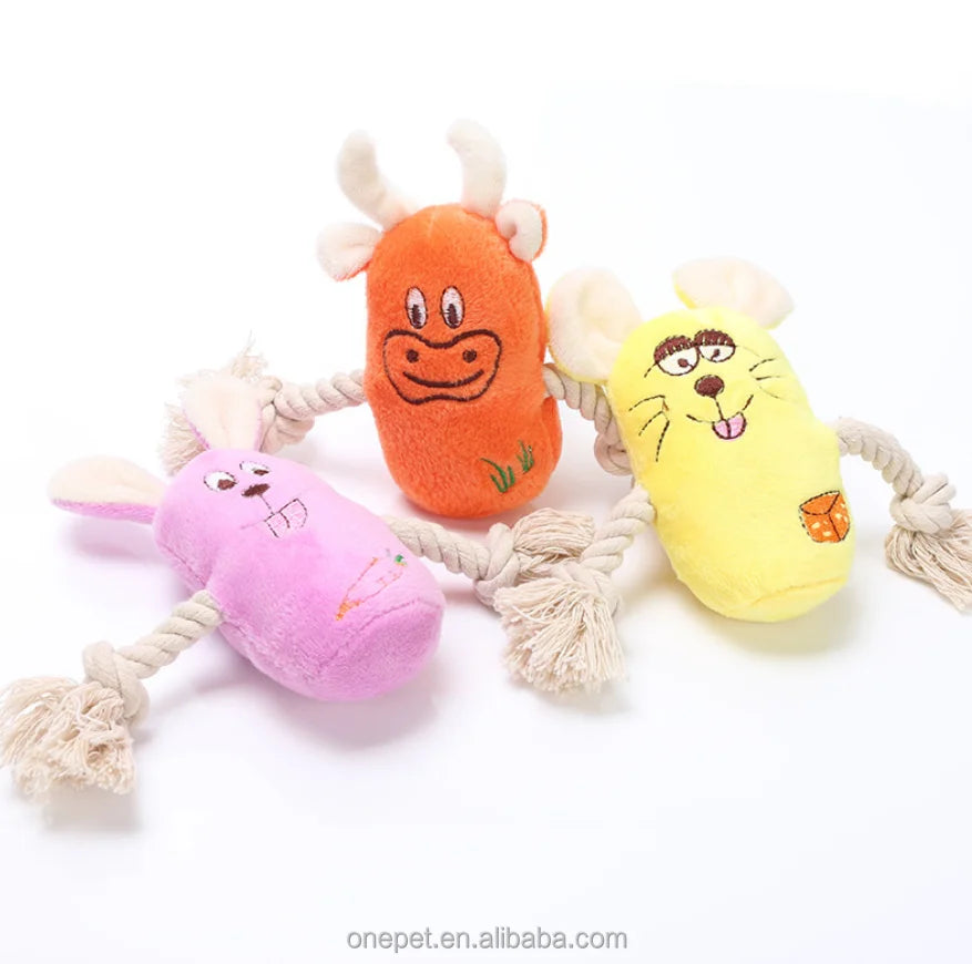 Rope Knotted Squeaky Dog Toy with Mouse Rabbit Cow Other Animal Plush Toys for Pet Companionship