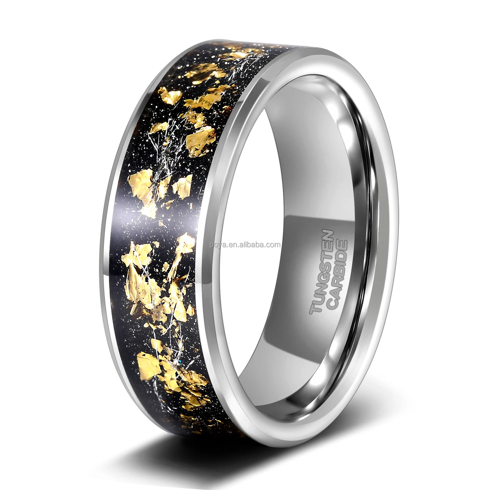 POYA 8mm Flat Tungsten Ring Polished Silver Gold Leaf Meteorite Inlay Wedding Band Gift for Men