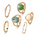 Elegant Female Enamel Water Drop Resin Knuckle Stacking Green Gemstone Joint Finger Ring Set For Women