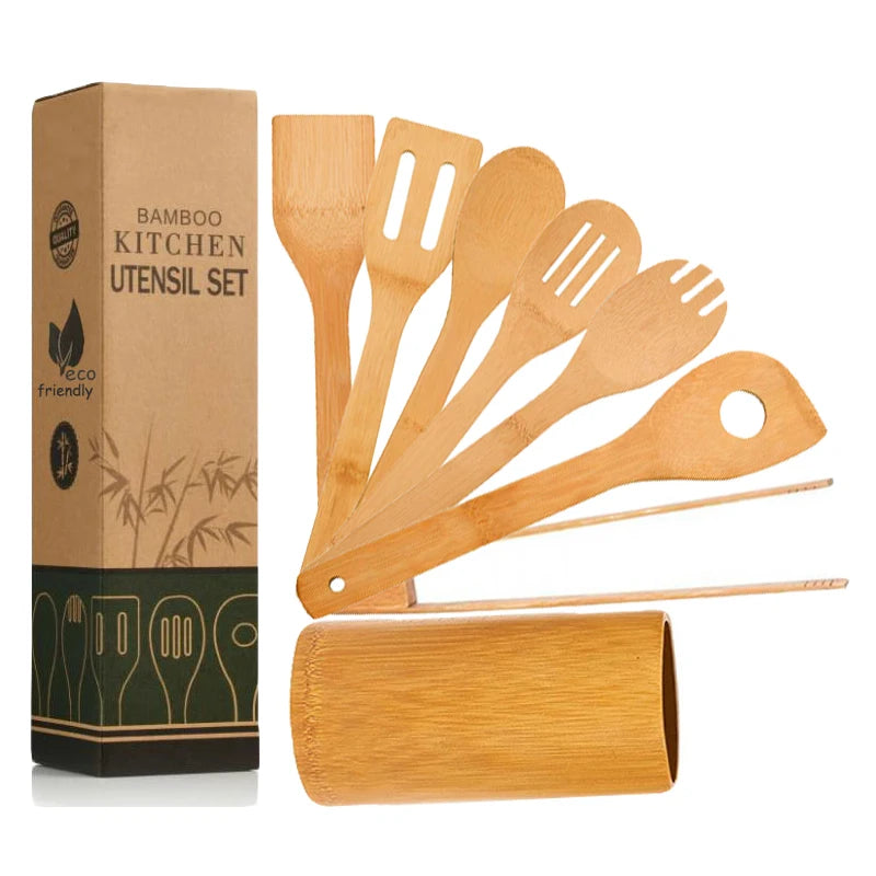 Hot Sale Eco Friendly Custom logo 8 Pieces Kitchen Cooking Utensils Bamboo Spatula Set With Gift Box