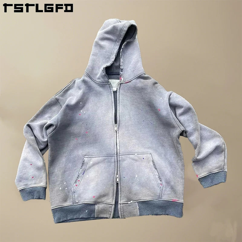 Unisex Sun Faded Zipper Vintage Sweatshirt Custom Men Heavyweight Oversize Crop Boxy Zip up Acid Wash Distressed Men' s Hoodies