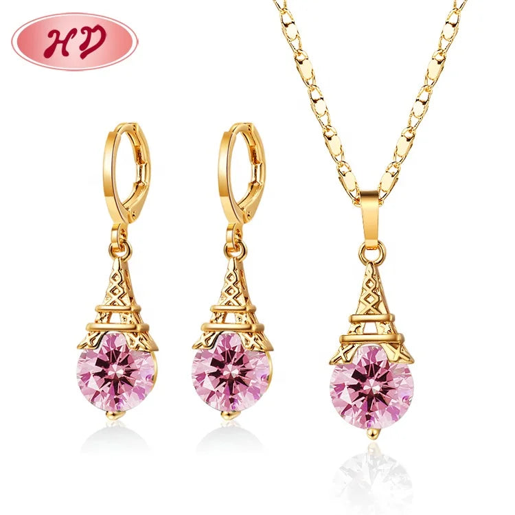 Factory Supply Fashion Accessory pink Green White Cubic Zirconia  Eiffel Tower Earrings and Necklaces Sets for Women