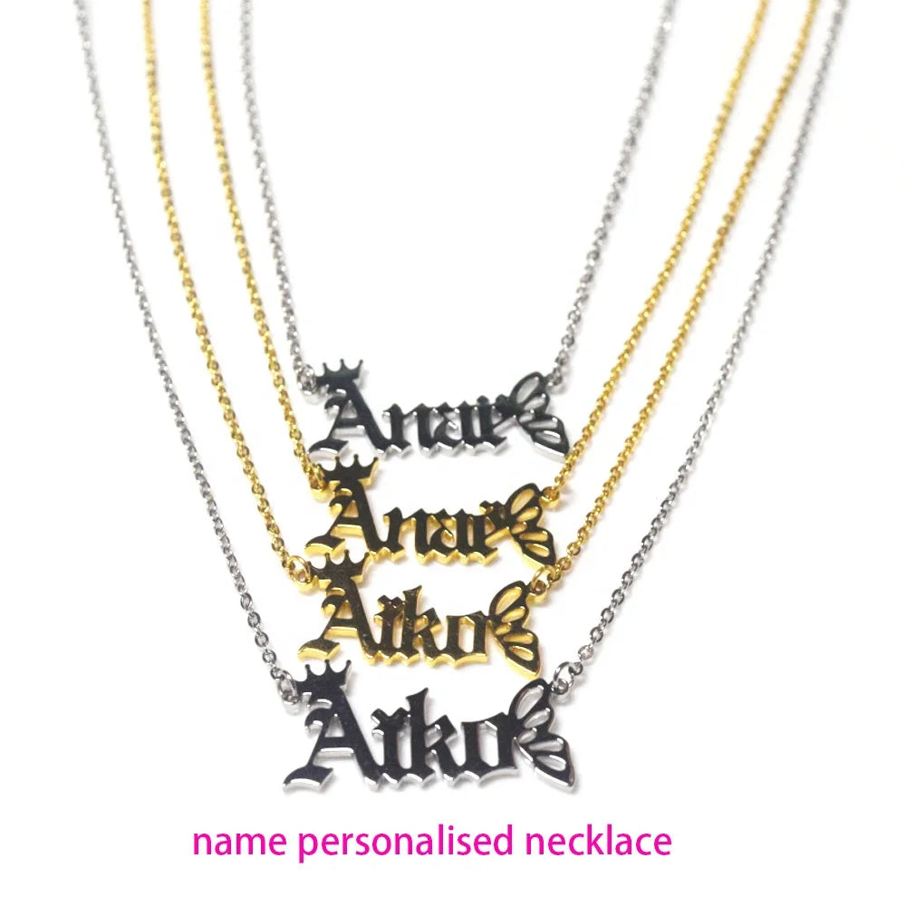 Crown butterfly Pendant Stainless Steel Letter Necklace Initial Gold butterfly Custom Name Plate Necklace Personalised Jewelry