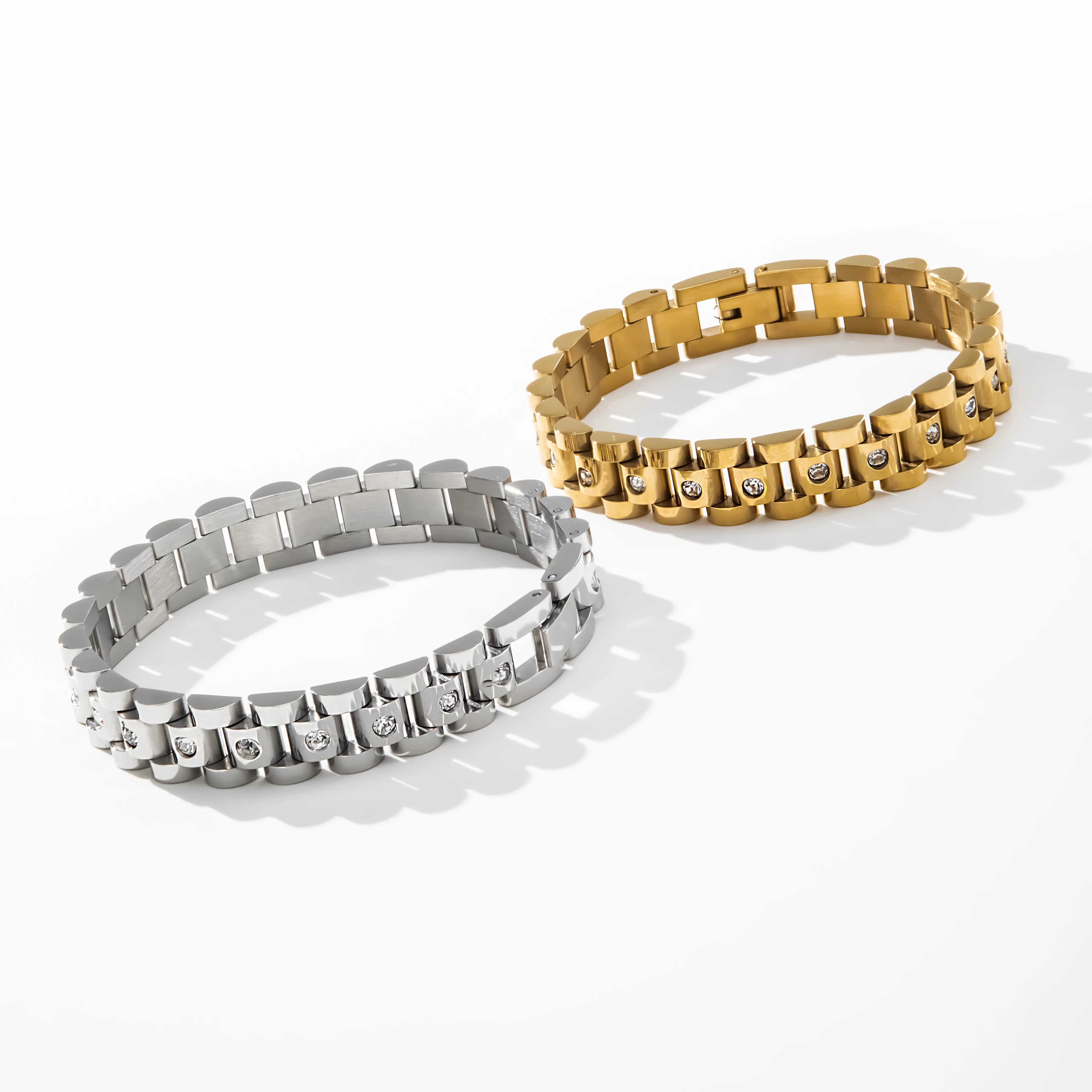 YF3302 Wholesale Punk 18k Gold Plated Stainless Steel Strap Jewelry Waterproof Wide Cubic Zirconia Watch Band Bracelet
