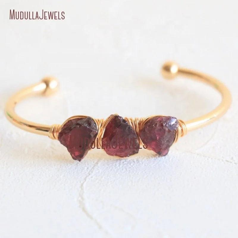 BM33622 Natural Gemstone Garnet Wire Wrapped Adjustable Cuff Bangle Gold Plated Free Form Bracelet Birthstone Jewelry Gift
