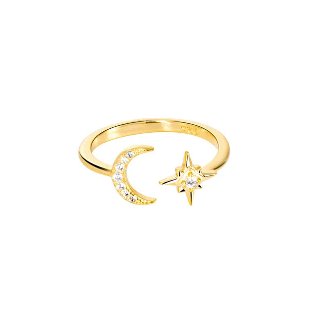 Trendy 925 Sterling Silver Thin Moon and Star Jewelry Simple 18k Gold Plated Opening Adjustable Cz Rings for Women