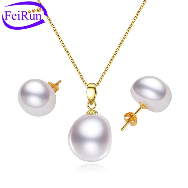 FEIRUN 12mm Nugget 3A Natural Real Freshwater Pearl Set Charm 925 Sterling Silver