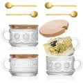 4pcs Set Cute 14oz Clear Embossed Glass Cups Vintage Iced Coffee Mugs Overnight Oats Containers with Bamboo Lids and Spoons