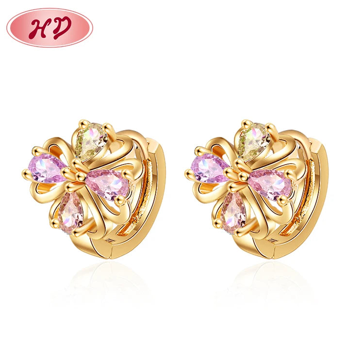 Ladies Ear Piercing Accessories New Gold Plated Flower Cz Cubic Zirconia Trendy Womens Jewelry Earrings
