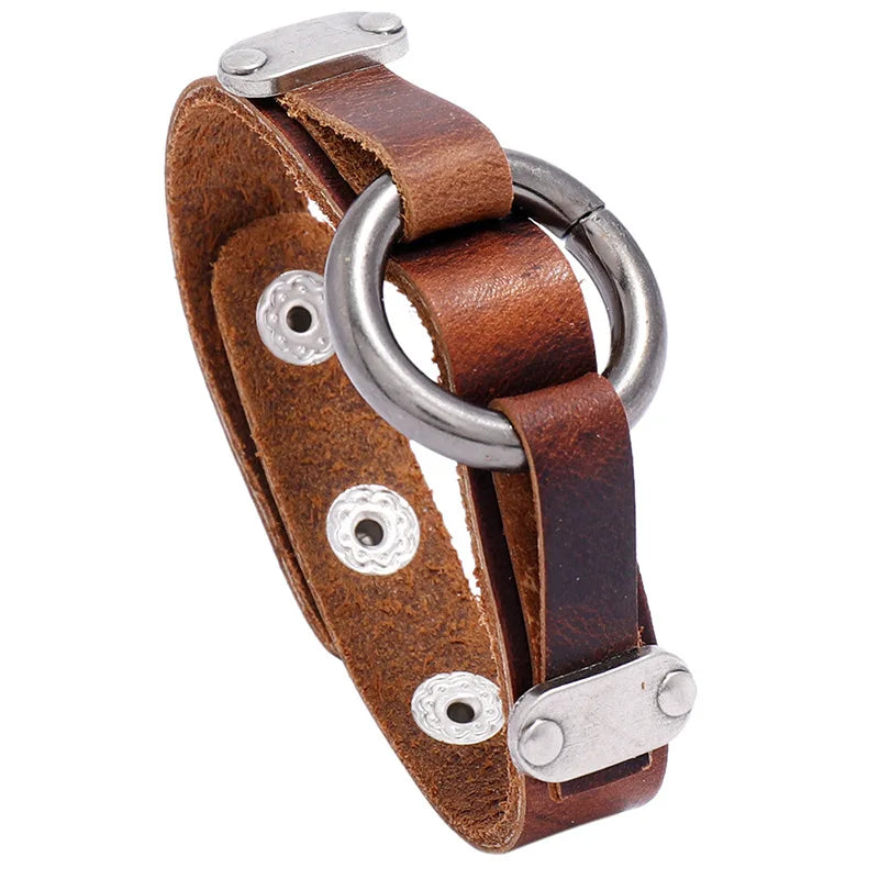 Wholesale Fashion Cowhide Bracelet for Men Vintage Metal Circle Punk Style Adjustable Size for Wedding Anniversary Party