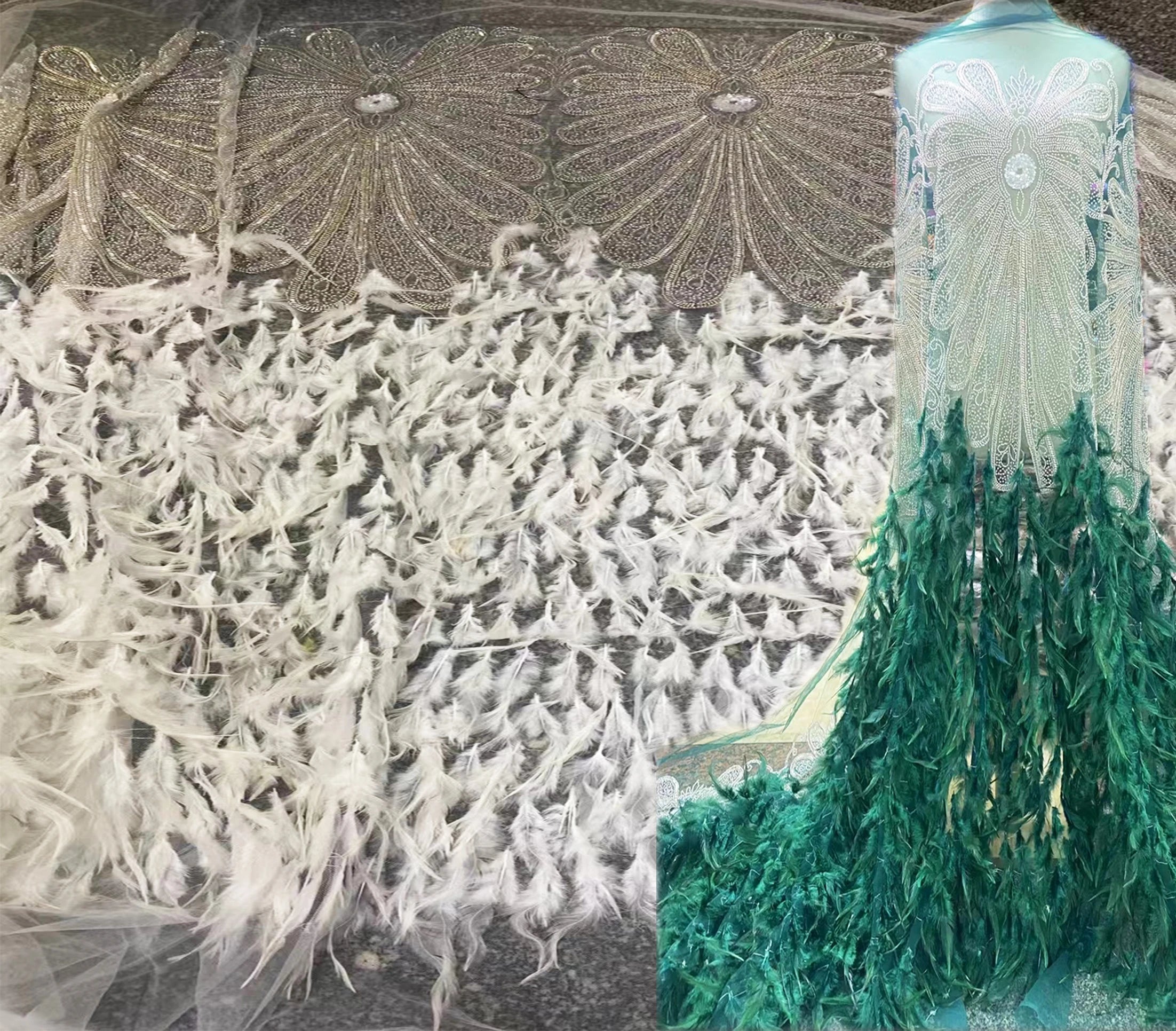 Luxury Fashion Design 3D Bridal Lace Fabric Feather French Tulle Lace Fabric Embroidery Beaded Lace Dress