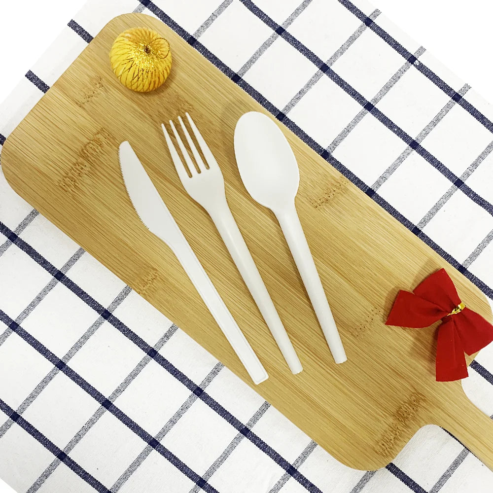 BPI OK Compost DIN Certified Compostable CPLA Classic Disposable Camping Cutlery Set with Fruit Forks Knives Spoons