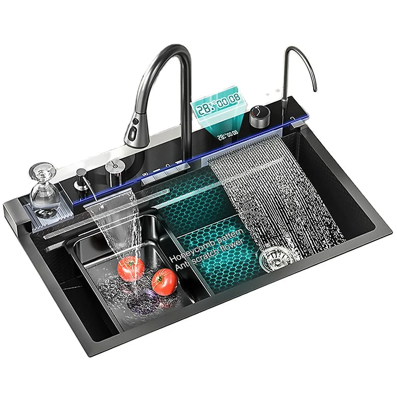 Waterfall Kitchen Sink 304 Stainless Steel Digital Display Large Single Slot Multi-fuctional Sink With Waterfall Faucet