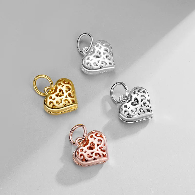 Unique 925 Sterling Silver 9.5mm Hollow Pattern Heart Pendant Gold Plated Peach Heart Charm for DIY Jewelry Making Supplies