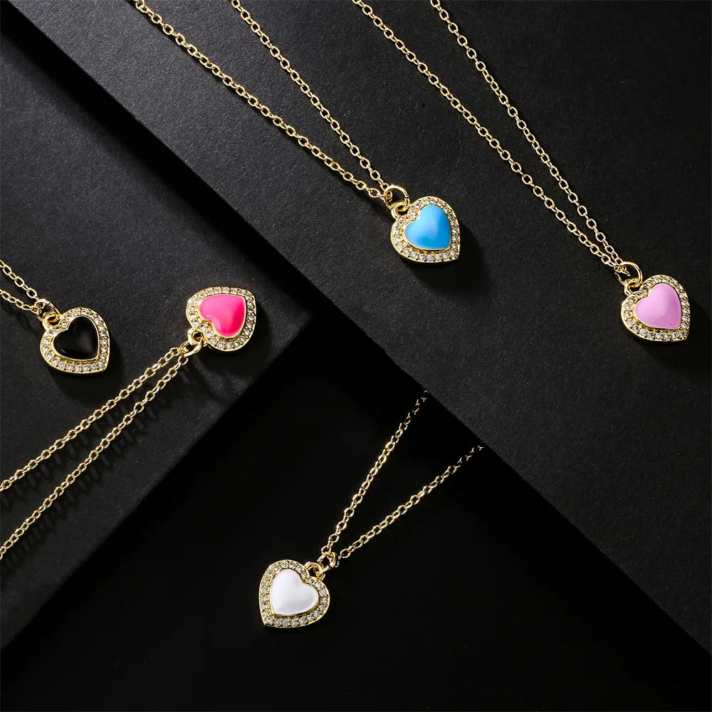 Sweet 18k Gold Plated CZ Crystal Love Heart Shaped Necklace Classic Colored Enamel Heart Pendant for Anniversaries