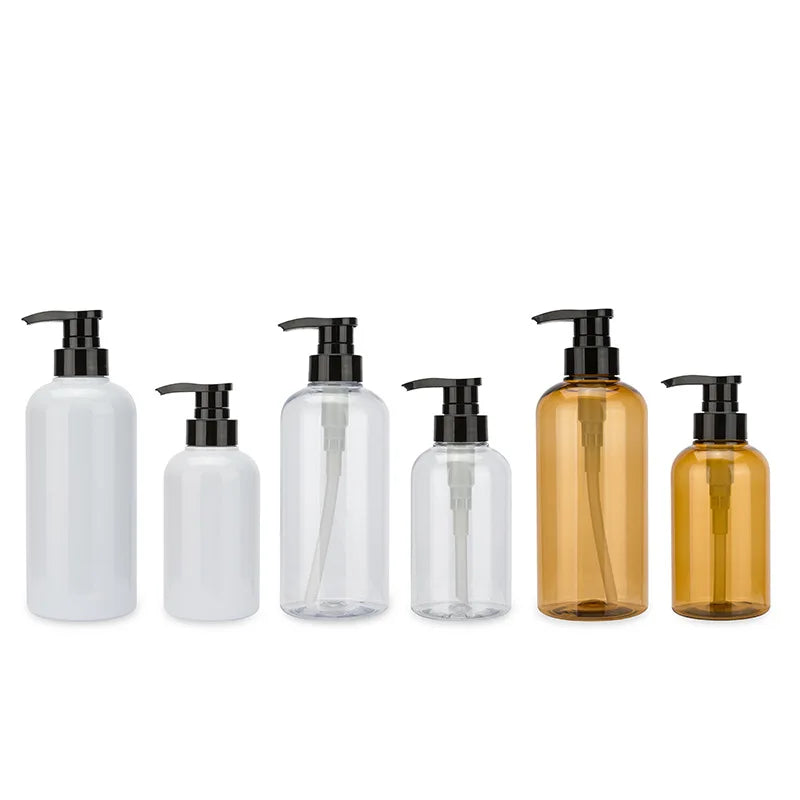 High Quality Custom 500ml Transparent Round Shoulder PET Plastic Free Sample Green Orange Grey Lotion Dispenser Shampoo Bottle