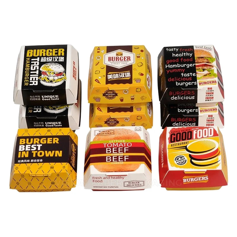 Custom Logo Printed Folding Burger Boxes Food Grade White Brown Paper for Takeaway Chicken and Sushi Embossing Handling