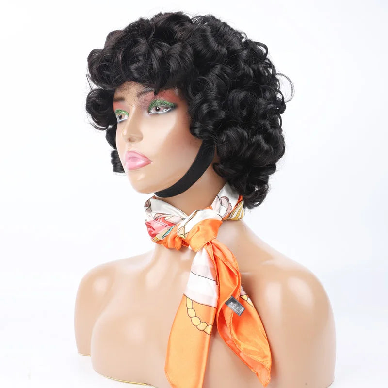 Bouncy Curly Fringe Pixie Cut Wig Short Curly Human Hair Wigs for Black Women Cheap Egg Curls Bob Wig With Bangs